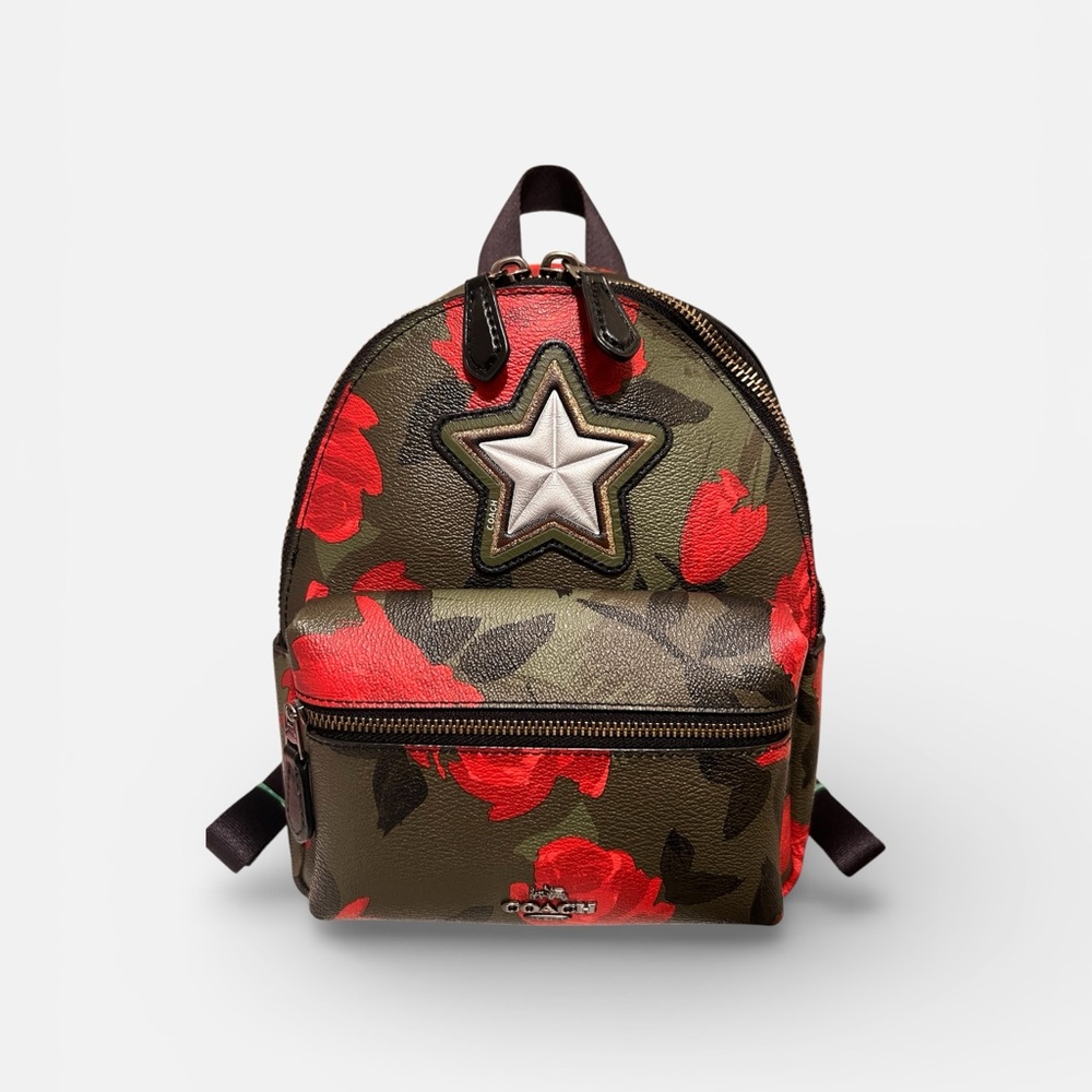 Coach Mini Charlie Backpack With Red Floral Camo And Star Patch